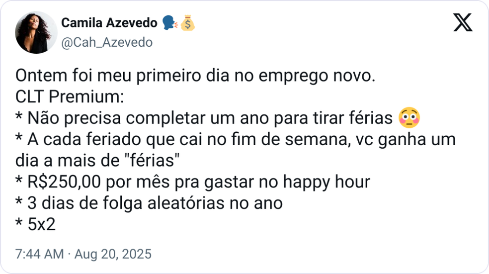 O post de Camila Azevedo no X acumula mais de 1 mil comentários — Foto: Reprodução/X