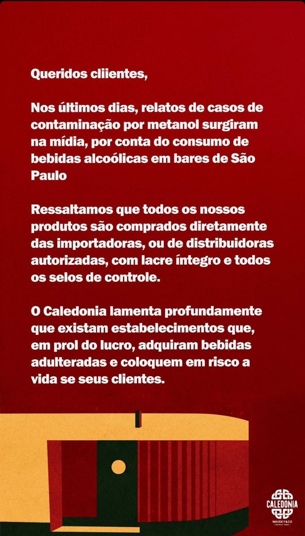 Comunicado publicado nos stories do Instagram do Caledonia Bar — Foto: Reprodução/Instagram