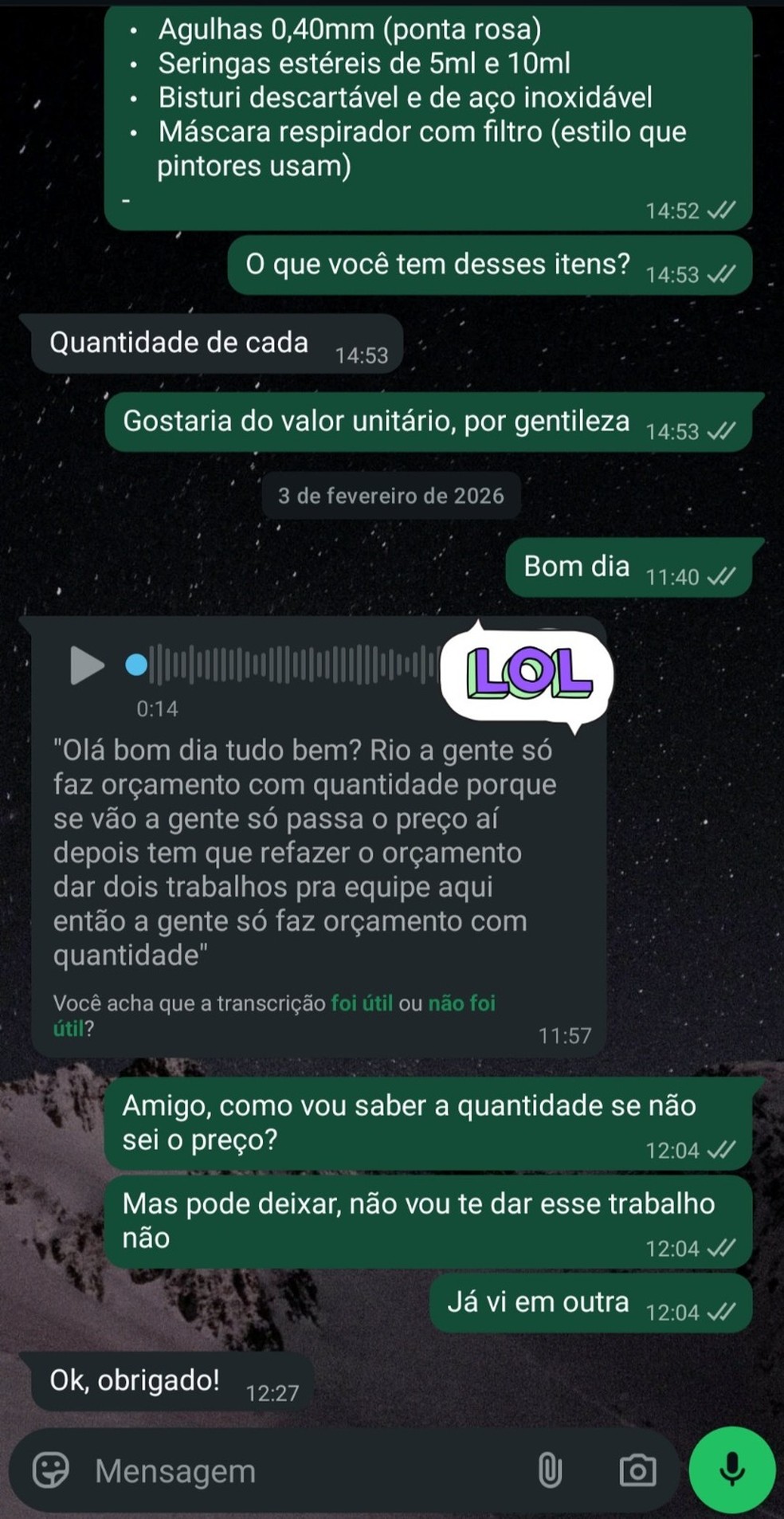 Internauta compartilha diálogo em que vendedor se recusou a passar valor unitário de produtos e acabou perdendo a venda — Foto: Reprodução/ X