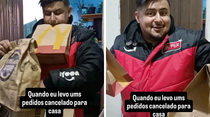 Entregador viraliza ao mostrar pedidos que ele leva para casa após serem cancelados pelos clientes.