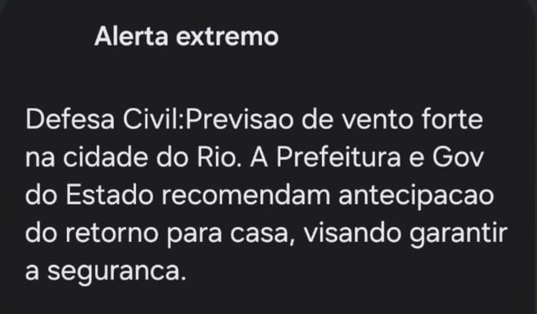 Defesa Civil/RJ Rio de Janeiro - 07/08/2026 - Defesa Civil alerta de ventos fortes. Fonte: Defesa Civil/RJ