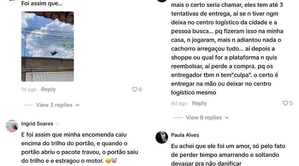 Nos comentários, internautas relatam terem tido problemas com encomendas que foram entregues com a mesma técnica. — Foto: @barbararitihele/TikTok/Reprodução