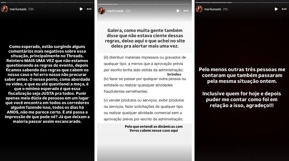 Nos stories do Instagram, Luana ressaltou que não questiona as regras da feira, apenas a falta de fiscalização diária — Foto: @marilureads/Instagram/Reprodução