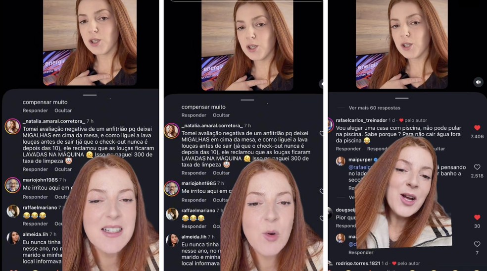 Influenciadora leu alguns dos comentários de internautas que já passaram por situações parecidas, onde hosts reclamaram de coisas que, para eles, não faziam sentido — Foto: @maipurper/TikTok/Reprodução