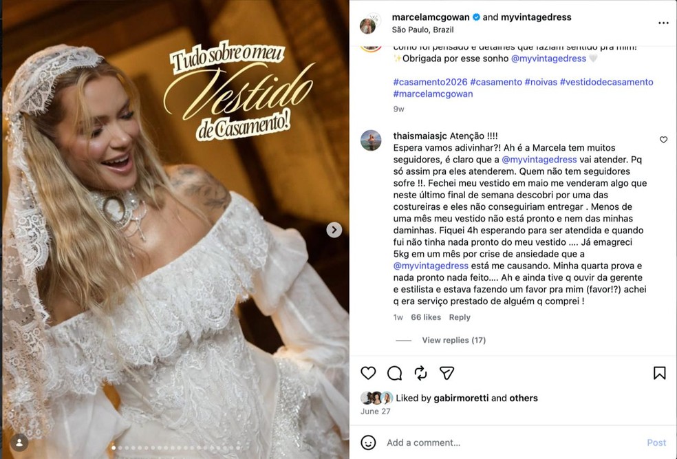 No Instagram, noivas já vinham comentando há uma semana em posts antigos sobre problemas com as entregas dos vestidos. — Foto: @myvintagedress/Instagram/Reprodução