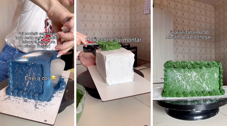 Confeiteira erra a cor e precisa refazer a cobertura de bolo de cliente